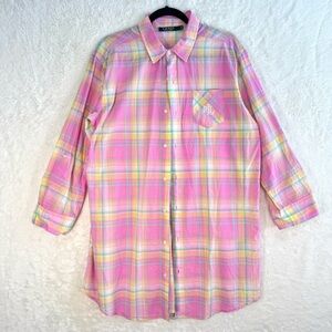 Lauren Ralph Lauren Sleep Shirt Women's Large Pink Plaid Cotton RLL Monogram